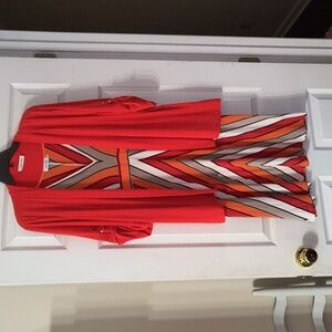 Calvin Klein Orange Red Striped Midi Dress with Orange/Red Cardigan
